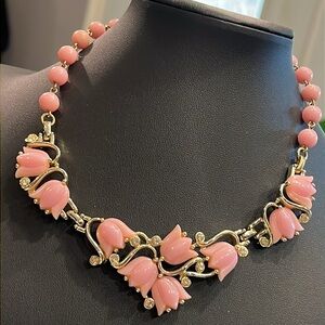 Kramer Vintage signed pretty pink Tulips set in gold tone 16” necklace.